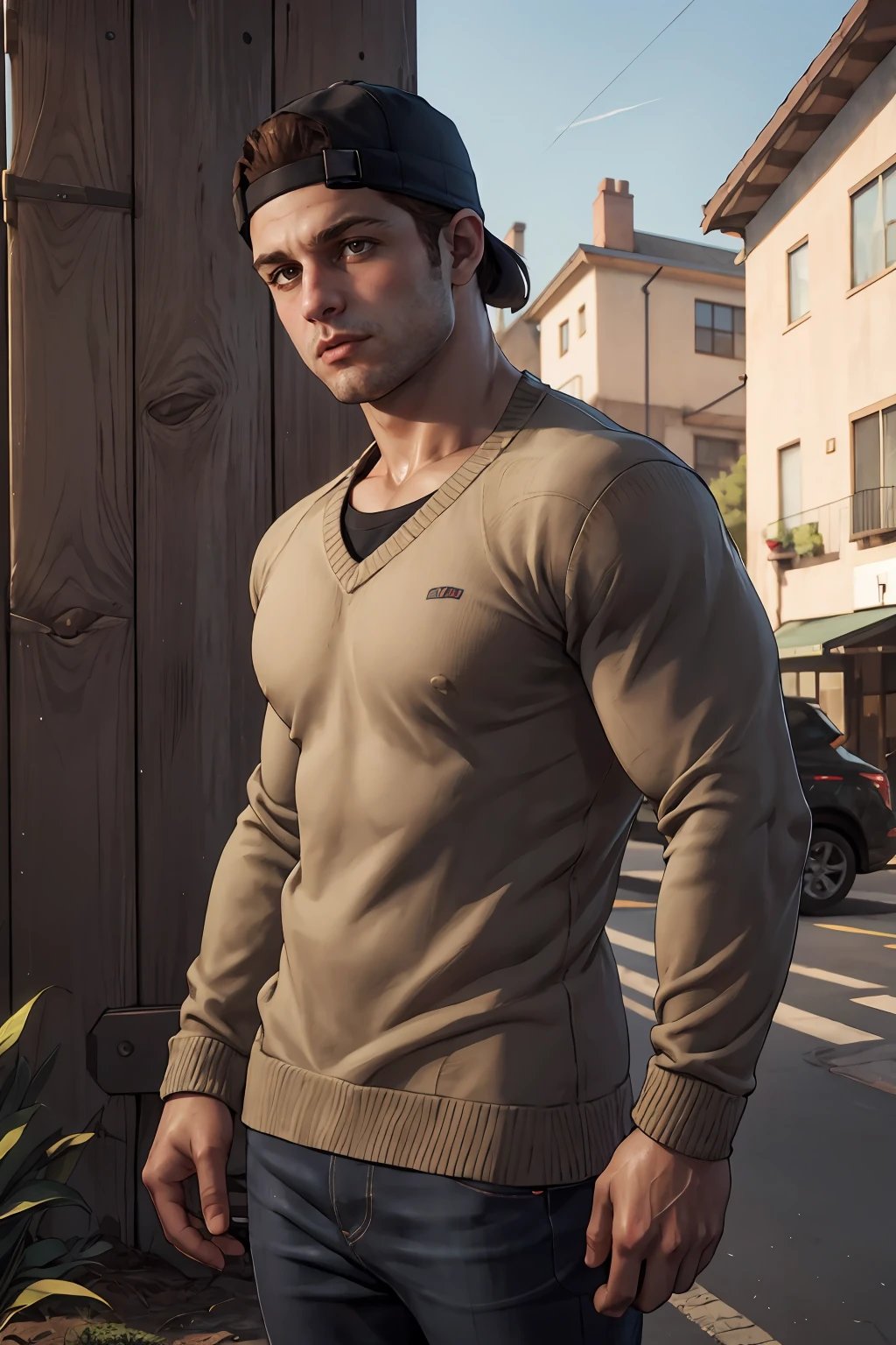 masterpiece, best quality, highres, male focus, solo, medium shot, photo of  jacob_custos,  <lora:jacob_custos-10:0.50>, sweater, shirt, jeans, outdoors, brown eyes, backwards cap