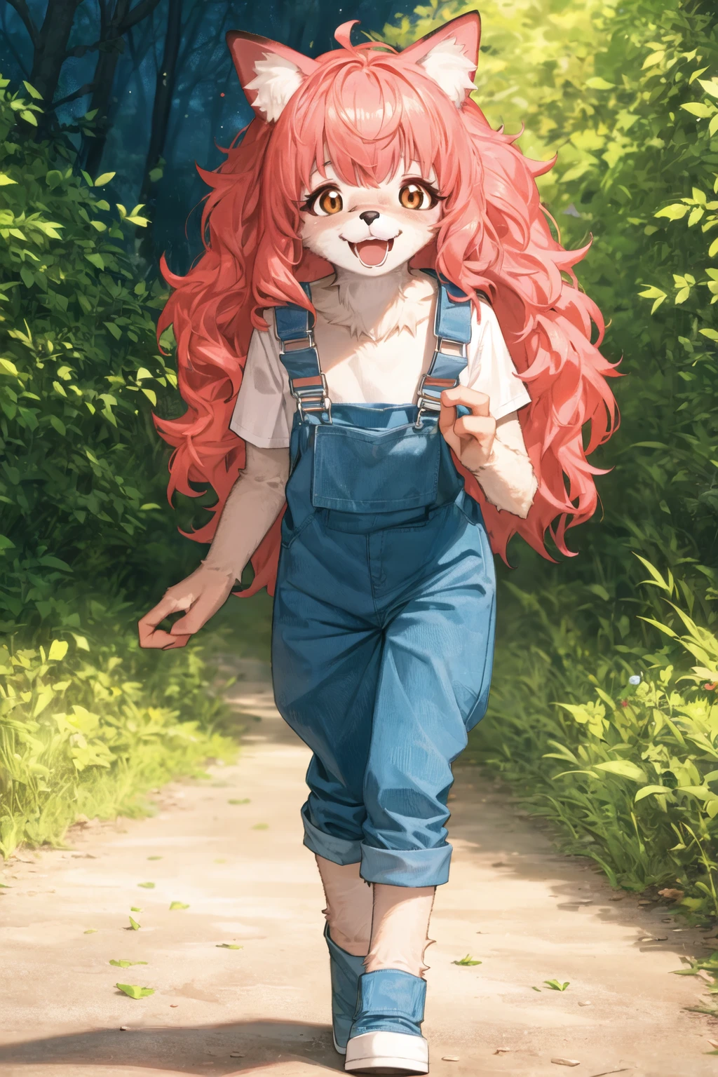 furchan, animal ears, medium hair, pink hair, body fur, tail, blue overalls, walking, smile, forest, night <lora:fur_chan v2.5-000002:1>