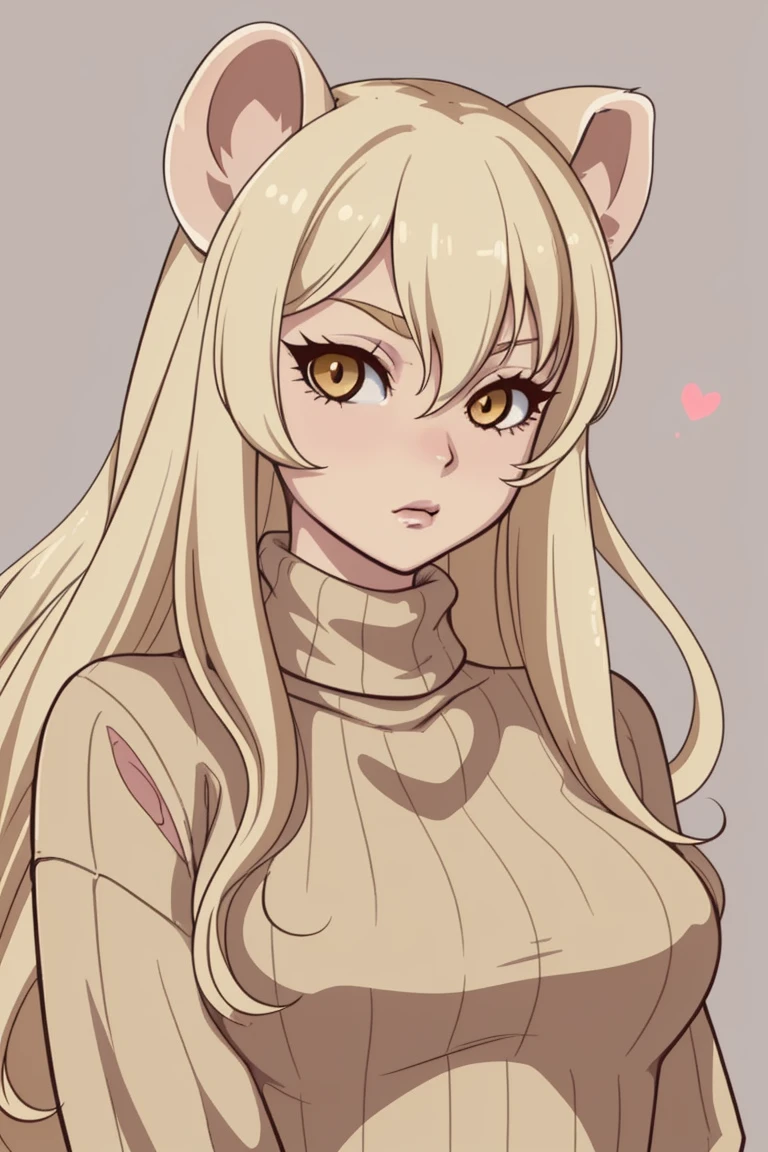 ferret woman, ferret ears, blonde, gyaru, turtleneck sweater, tan,