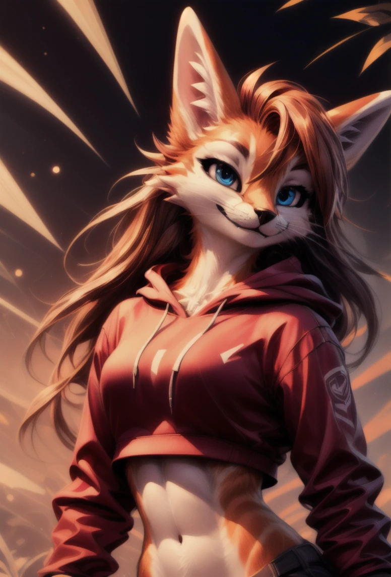 good lights, good colors, good composition, monocolor, bicolor,
masterpiece, aestheticcartoon,
bestart, cartoon,
good face, long hairs, furry, gorgeous eyes, portrait,
(rexouium:1.1), smiling, 
 female, cropped hoodie, croptop, 
3/4 view, three-quarter view, 
dynamic scene, 
sexy pose, 
<lora:vrcfurry_v42:0.8>
<lora:fluffyrock-quality-tags-v2.1.1-vpred:1>  <lora:add_detail:0.6>