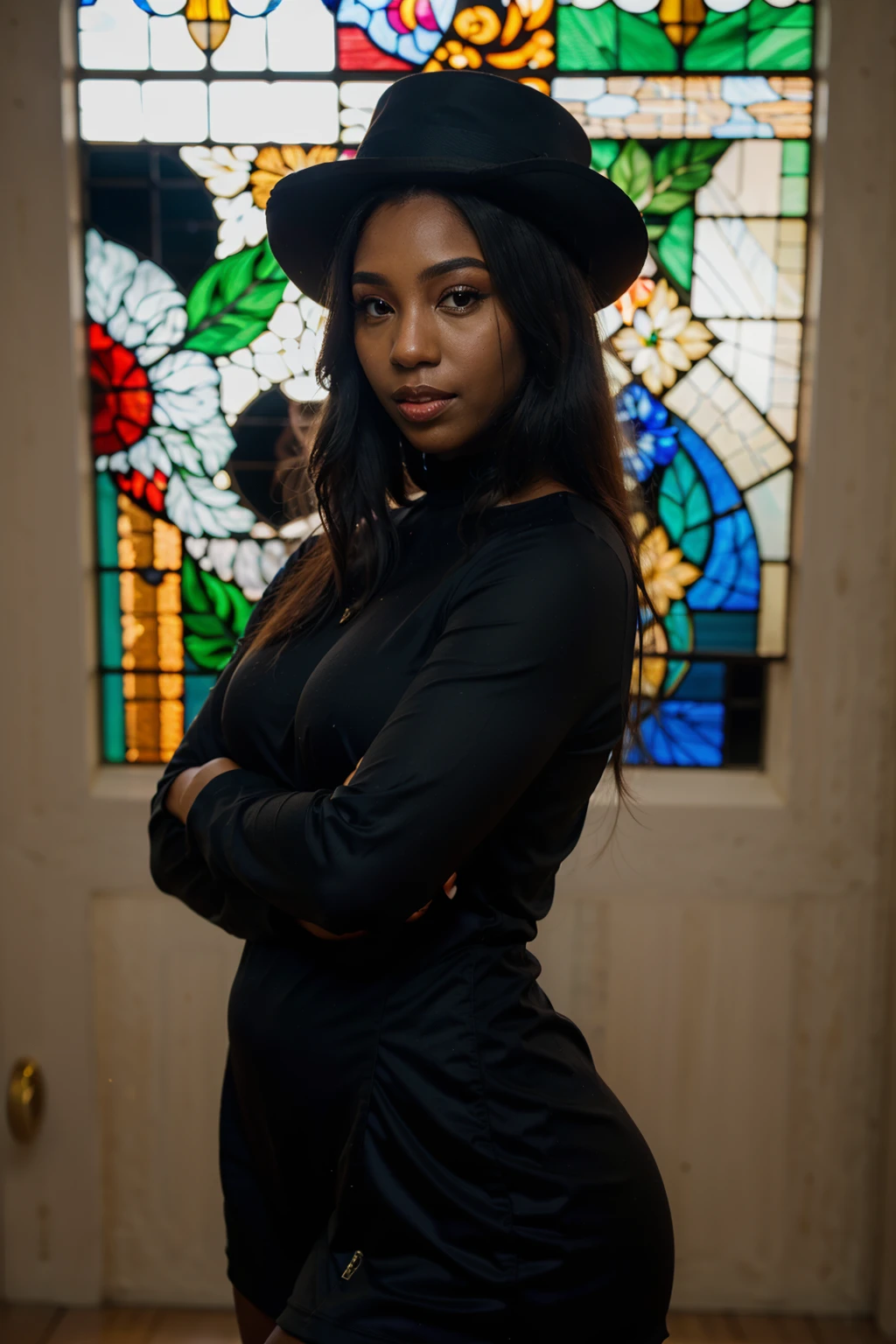 masterpiece, HDR, 4K, 8K, masterpiece, best quality, 1girl, ellietheempress, masterpiece, best quality, 1 mature woman with her arms crossed:1.9, brown eyes, black hair, detailed face+black eyes, dark skinned female, very dark skin, closed mouth, looking at viewer, closed clothing, long hair, sundress with a fancy hat, indoors, background: elegant southern church with stained glass windows, exercise equipment, solo, upper body, <lora:Ellie-The-Empress-V5-768X768:1>