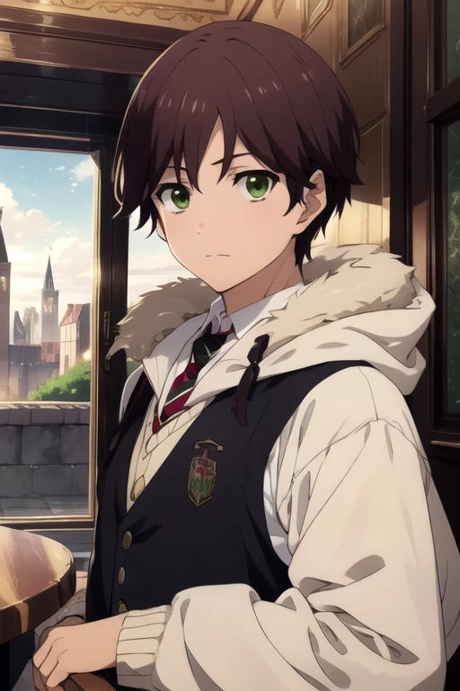 masterpiece, best quality, photorealistic, 1boy, solo, male focus, looking at viewer, , depth of field, anime coloring, , <lora:tasuku_yamane:0.68>, tasuku_yamane, brown hair, green eyes, camel costume, A dark, foreboding castle where a wicked queen reigns,