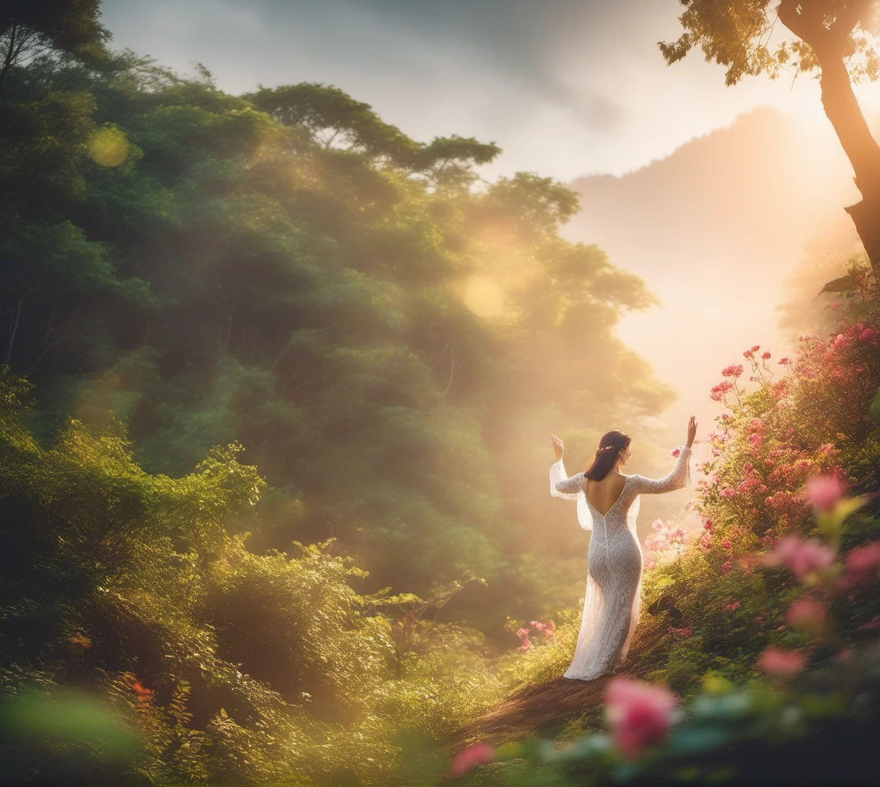 cinematic photo photo realistic full body erotic photo of (gorgeous young woman:1.125) wearing see-through negligee, innocent Asian woman (playful expression:0.9) with hands raised artistically, (natural skin texture, wet moist skin, pokies:1.275), forest nymphs in background, early morning soft lighting, virgin misty jungle milky mist, undressed bottomless girl, (hidden pathways, intricate fantastic flowers, (intricate realistic flame:1.125):1.15), (light leaks, light flares and caustics, subsurface light scattering, (swirly bokeh:1.125), depth of field, (analog film grain:1.125):0.93) <lora:cinero-locon-xl.safetensors-000006:0.176> . 35mm photograph, film, bokeh, professional, 4k, highly detailed