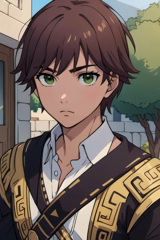 masterpiece, best quality, photorealistic, 1boy, solo, male focus, looking at viewer, , depth of field, , realistic, <lora:tasuku_yamane:0.72>, tasuku_yamane, brown hair, green eyes, greek costume, aztec, 4k resolution