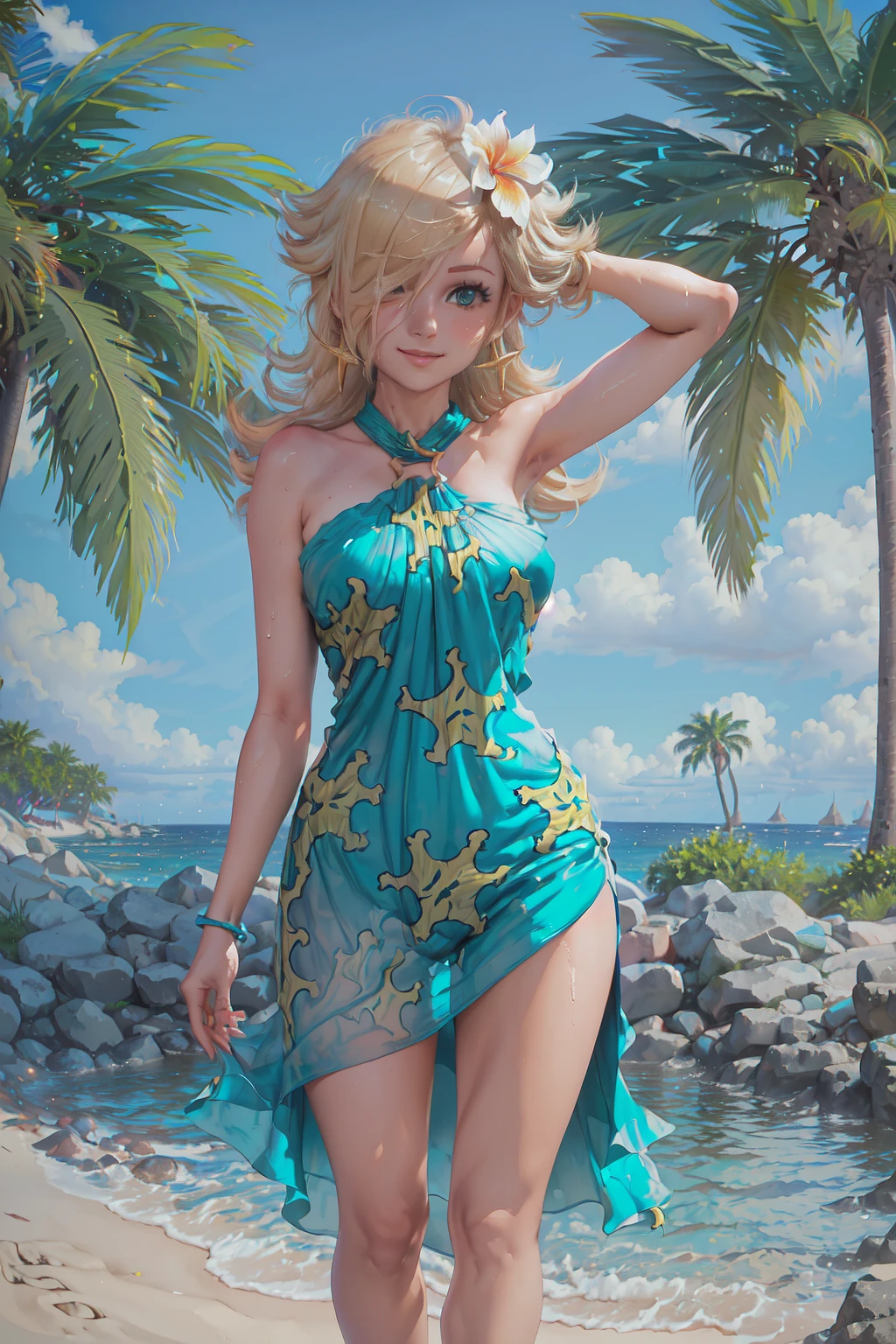 Highly detailed, High Quality, Masterpiece, beautiful, 1girl, IncrsRosalinaSwimwear, <lora:Rosalina:0.8>, ((Beach, palm trees, detailed water, blue sky, cinematic angle dramatic shadows, vibrant colors, backlighting, depth of field, highleg, contrapposto, toned)), (seductive smile, blush:0.8)