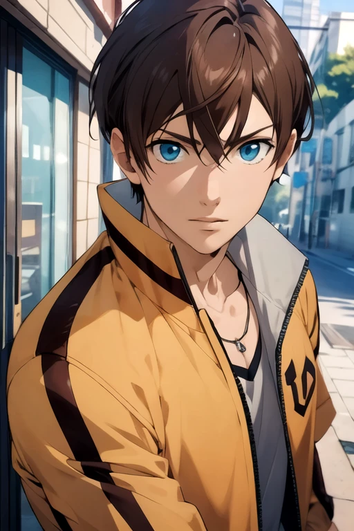 masterpiece, best quality, , 1boy, solo, male focus, looking at viewer, upper body, , , realistic, <lora:kensuke_hanasaki:0.72>, kensuke_hanasaki, brown hair, blue eyes, track jacket, , ,