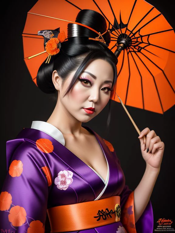 RAW, Professional Portrait, 
[ Alex Newell | Tiffany Mynx ], Halloween  geisha costume , 
perfect composition, high detail, hyper realistic, extremely detailed,