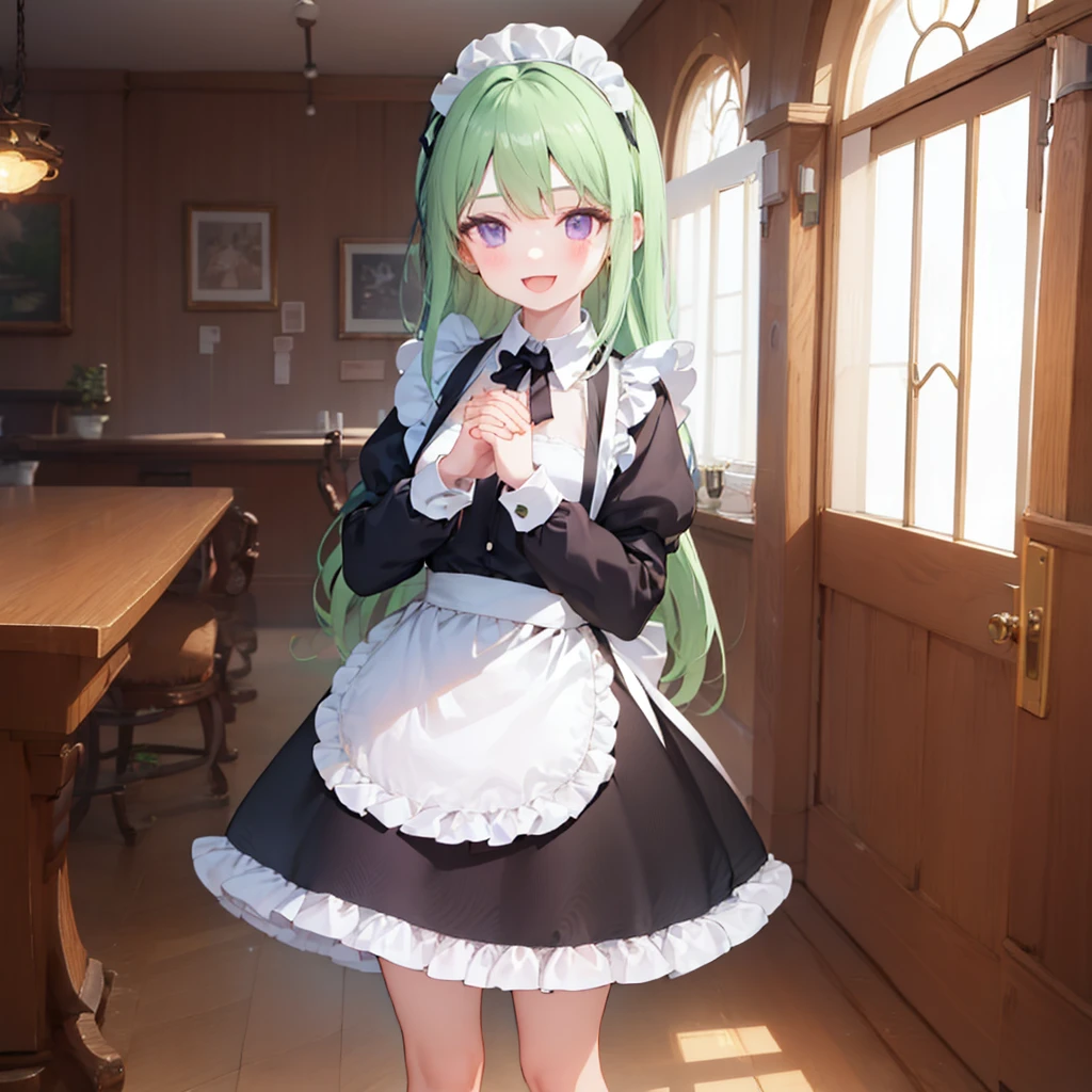 <lora:ennafol_v1-1:.8>,best_quality,masterpiece,purple_eyes,(very_long_hair),maid,maid headdress, maid_apron,smile,blush,:D,skirt,indoors,cafe,flat chest, long sleeves, frills,own hands together, ennafol,green_hair,petite,