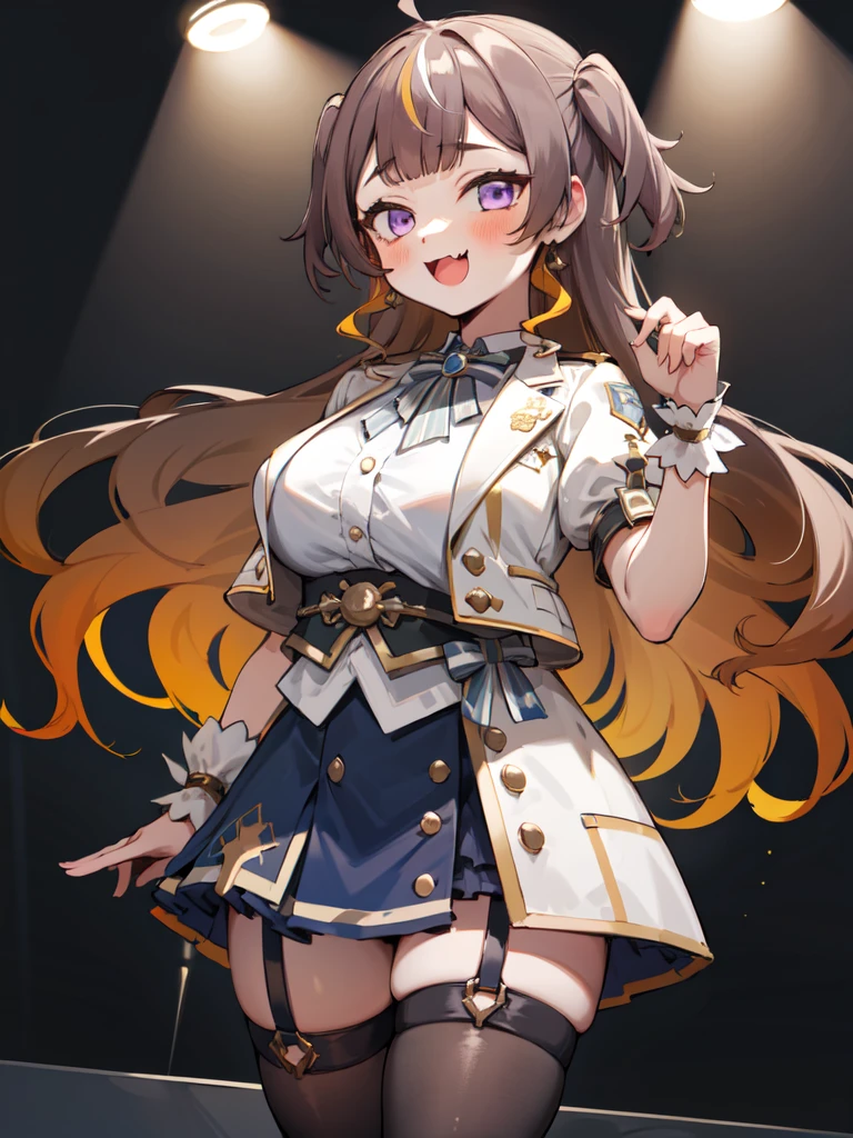 anya_melfissa, hololive, 1girl,
brown_hair, very_long_hair, purple_eyes, gradient_hair, blonde_hair,
cute, short, large_breasts, oppai_loli,
looking_at_viewer, blush, :d, :3, happy, fang,
wide_shot, hololive_idol_uniform_bright, mismatched_legwear, thighhighs, skirt, puffy_short_sleeves, white_jacket,
stage, stage_lights, curtains, stage_lights,