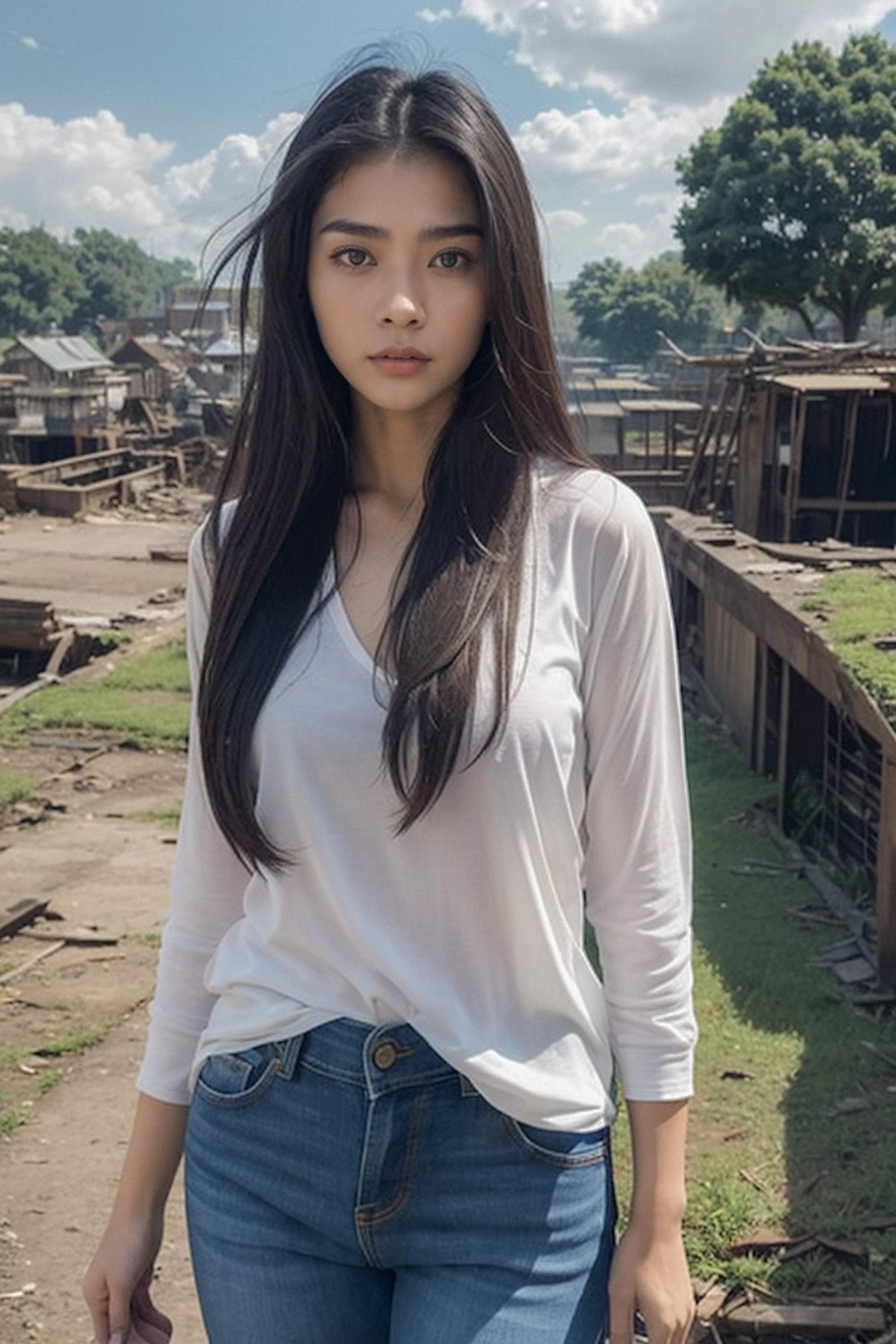 Thai Woman, look at viewer, long hair, shirt, jeans, cloud, day, sky,outdoors, post-apocalypse, ruins, scenery, tree, water,