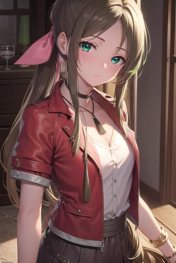 aerithgainsborough, <lora:aerithgainsborough-lora-nochekaiser:1>,
aerith gainsborough, braid, braided ponytail, (green eyes:1.5), hair ribbon, long hair, parted bangs, brown hair, sidelocks, (small breasts:1.2),
BREAK bangle, bracelet, choker, cropped jacket, dress, jacket, jewelry, long dress, pink dress, pink ribbon, puffy short sleeves, puffy sleeves, red jacket, ribbon, short sleeves,
BREAK looking at viewer, upper body, fully body,
BREAK indoors,
BREAK <lyco:GoodHands-beta2:1>, (masterpiece:1.2), best quality, high resolution, unity 8k wallpaper, (illustration:0.8), (beautiful detailed eyes:1.6), extremely detailed face, perfect lighting, extremely detailed CG, (perfect hands, perfect anatomy),