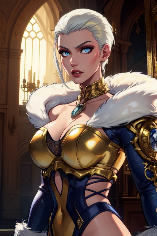 Isabella, white hair, hair slicked back,  blue eyes, 
yellow  bodysuit, fur trim,  long sleeves,  necklace, gloves, gold trim,  
 castle, royalty, solo, indoors,  
standing, upper body,  cowboy shot,   facing viewer, 
(insanely detailed, beautiful detailed face,beautiful detailed eyes, masterpiece, best quality) cinematic lighting,
 <lora:IvySC6-10:0.7>