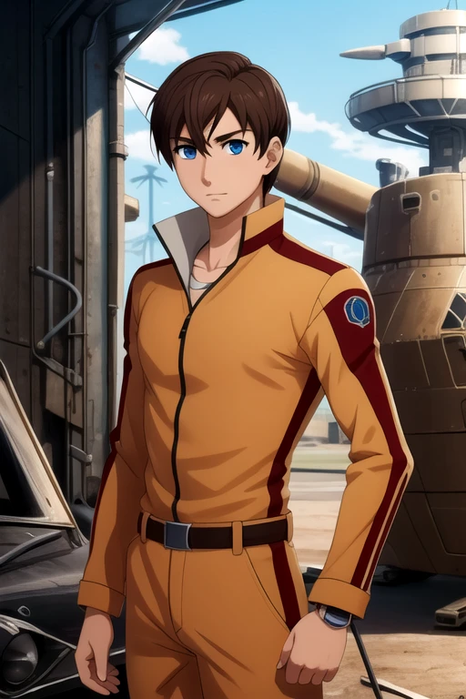 masterpiece, best quality, illustration, 1boy, solo, male focus, looking at viewer, , , , , <lora:kensuke_hanasaki:0.66>, kensuke_hanasaki, brown hair, blue eyes, , , science fiction dieselpunk, High resolution