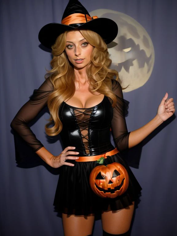 Full body shot of a beautiful blonde with a curvy body and large breasts. Vanna White. Wearing a skimpy witch outfit with black high heels and orange fishnet pantyhose. Standing by the letterboard on Wheel of Fortune at Halloween time