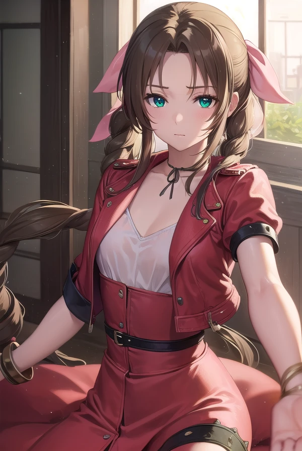 aerithgainsborough, <lora:aerithgainsborough-lora-nochekaiser:1>,
aerith gainsborough, braid, braided ponytail, (green eyes:1.5), hair ribbon, long hair, parted bangs, brown hair, sidelocks, (small breasts:1.2),
BREAK bangle, bracelet, choker, cropped jacket, dress, jacket, jewelry, long dress, pink dress, pink ribbon, puffy short sleeves, puffy sleeves, red jacket, ribbon, short sleeves,
BREAK looking at viewer, upper body, fully body,
BREAK indoors,
BREAK <lyco:GoodHands-beta2:1>, (masterpiece:1.2), best quality, high resolution, unity 8k wallpaper, (illustration:0.8), (beautiful detailed eyes:1.6), extremely detailed face, perfect lighting, extremely detailed CG, (perfect hands, perfect anatomy),