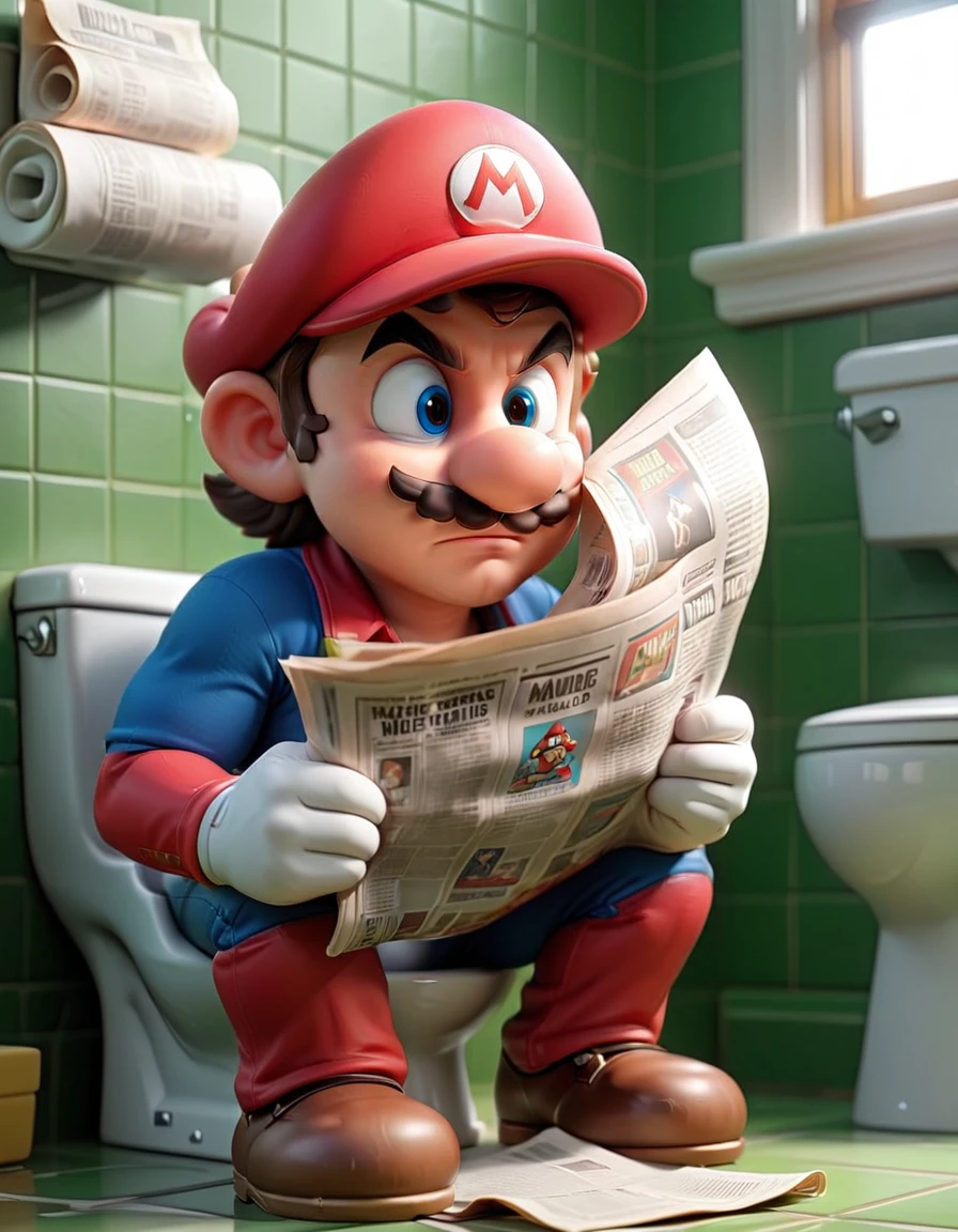 Super Mario style <lora:FF.85.samaritan3dCartoon_v40SDXL.lora:1> 3D cinematic film.(caricature:0.2). 4k, highly detailed,Man Sitting on Toilet and Reading Newspaper . Vibrant, cute, cartoony, fantasy, playful, reminiscent of Super Mario series