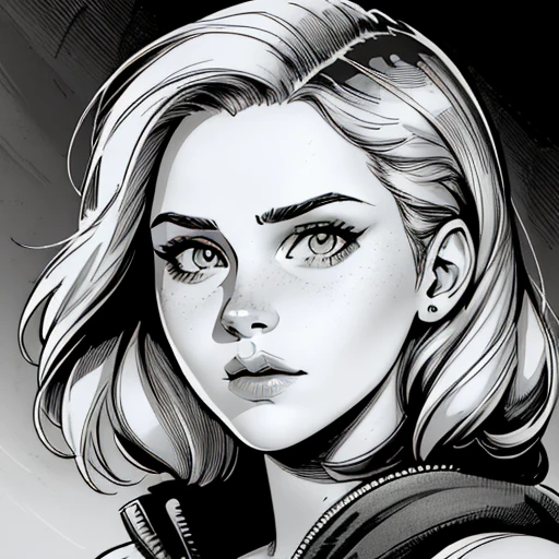 pencil and ink illustration, portrait of 20 year old [Jennifer Lawrence|Emma Watson|Scarlett Johansson|Jennifer Lawrence], pretty face, comic style, cartoon,, extreme sharp, extreme detail, HD, HDR, 8K, masterpiece, best quality, best resolution, detailed face, detailed eyes, focused