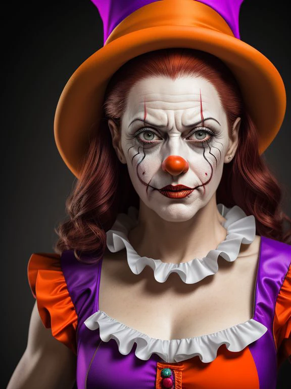 Create a detailed image of a sinister clown inspired by the style of the clown from the game &#39;Dead by Daylight&#39;. The clown must have smudged makeup in shades of red, yellow and blue, and a disturbing smile. He must be in a threatening pose, holding a shining blade. The surrounding environment must be dark and foggy, evoking a sense of mystery and danger. The image should resemble a horror movie poster, with the title &#39;Deadly Laughter&#39; in large, menacing letters at the top