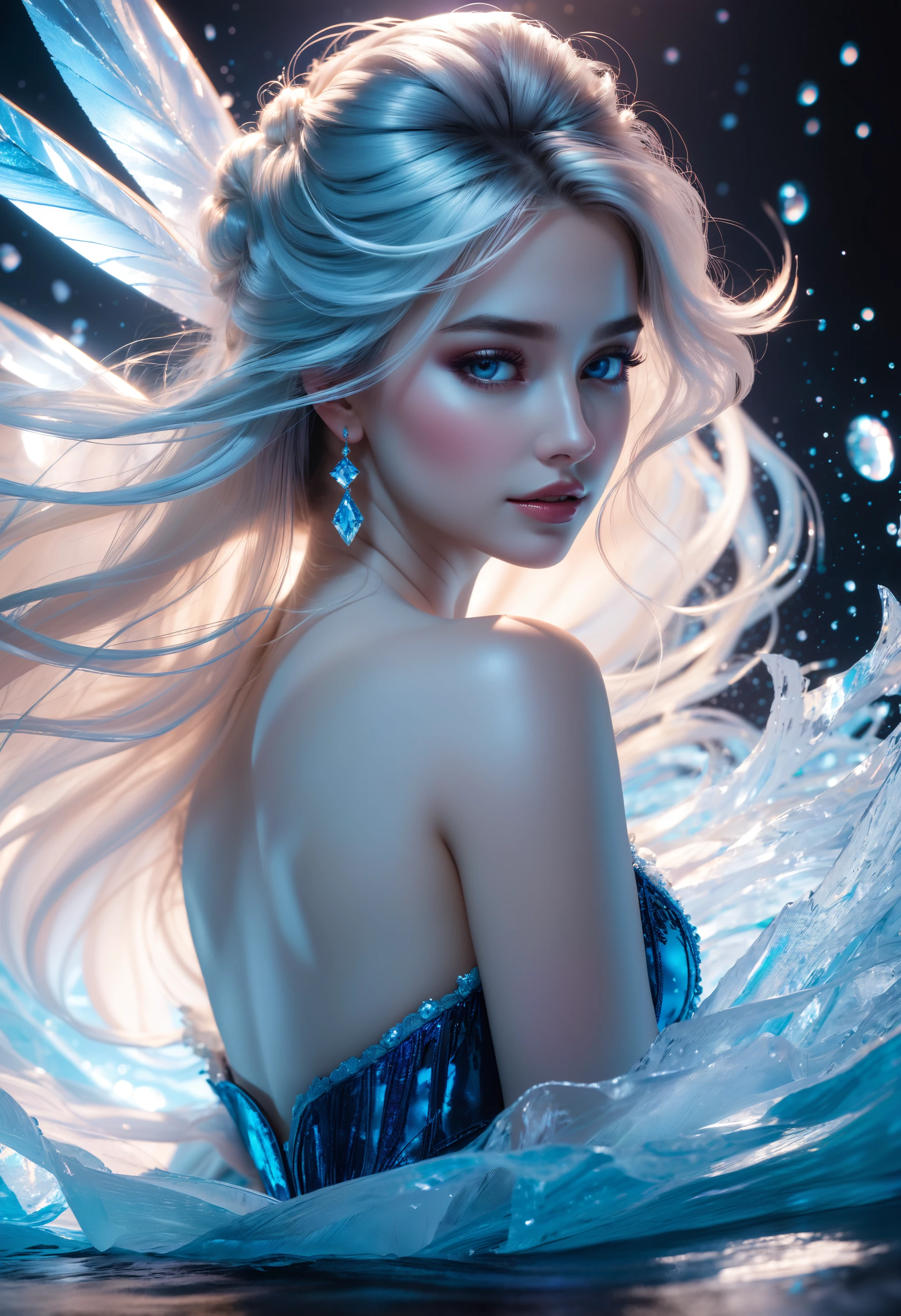 Elsa from Disney's Frozen, a burst of tangy aqua cascades, entwining with viscous allure, a figure emerges from the shadows, in a neo-expressionist masterpiece of blueberry syrup's embrace, masterpiece, best quality, (intricate details), dreamy, perfect eyes, dark pupils, magnificent, ethereal, volumetric lighting, lightroom, ((cinematic)), raytracing, subsurface scattering, face focus,