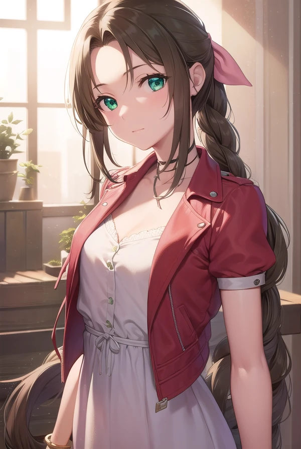 aerithgainsborough, <lora:aerithgainsborough-lora-nochekaiser:1>,
aerith gainsborough, braid, braided ponytail, (green eyes:1.5), hair ribbon, long hair, parted bangs, brown hair, sidelocks, (small breasts:1.2),
BREAK bangle, bracelet, choker, cropped jacket, dress, jacket, jewelry, long dress, pink dress, pink ribbon, puffy short sleeves, puffy sleeves, red jacket, ribbon, short sleeves,
BREAK looking at viewer, upper body, fully body,
BREAK indoors,
BREAK <lyco:GoodHands-beta2:1>, (masterpiece:1.2), best quality, high resolution, unity 8k wallpaper, (illustration:0.8), (beautiful detailed eyes:1.6), extremely detailed face, perfect lighting, extremely detailed CG, (perfect hands, perfect anatomy),
