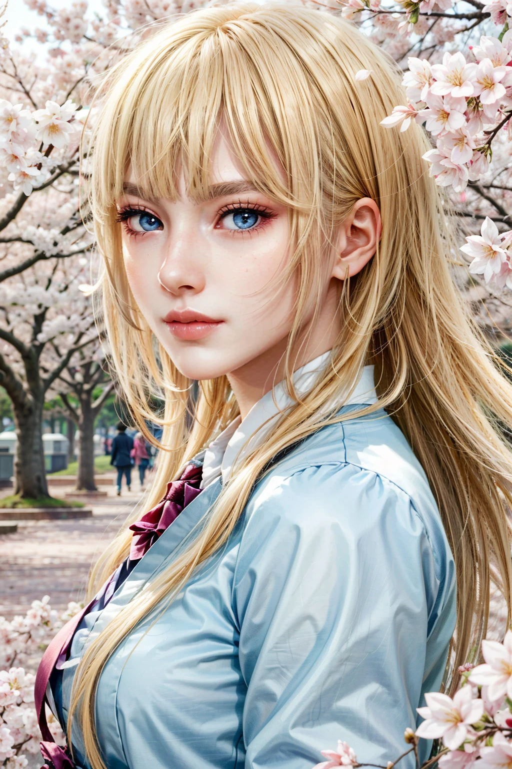 (masterpiece, best quality:1.3)
<lora:epi_noiseoffset2:1> <lora:add_detail:0.7> <lora:TekkenLili:0.7>
TekkenLili, 1girl, solo, blonde hair, blue eyes, long hair, walking in a japanese park, cherry blossoms, a portrait by Akihiko Yoshida, by artgerm and