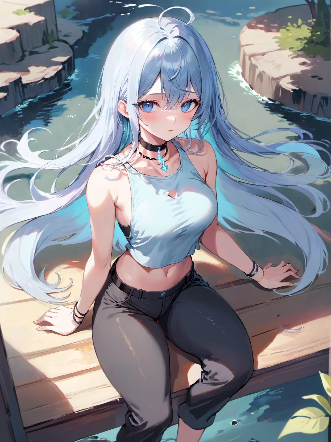 1girl,solo,light blue long hair,hair,tank top cropped pants choker,fantasy rivers daytime,whole body,