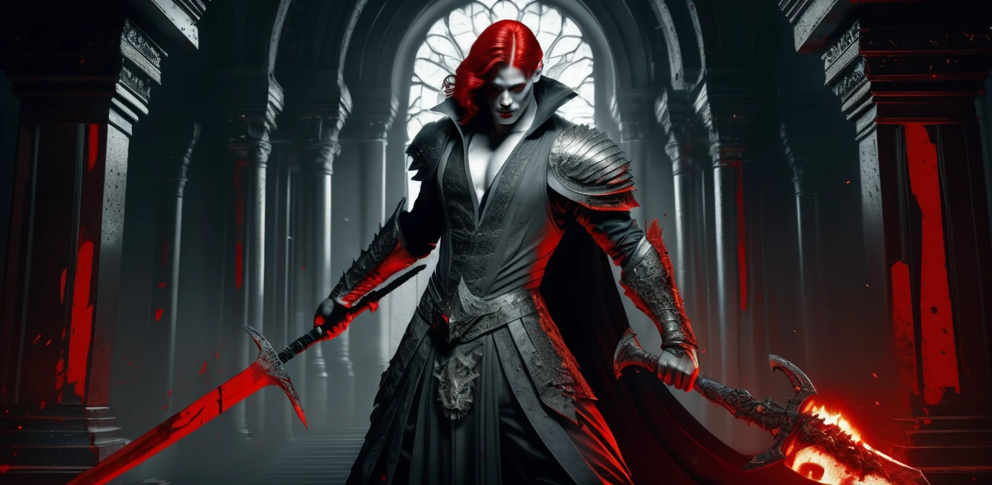 monochrome, red hair, red lips, red eyes, blood, holding bloody weapon, fighting stance, action, 1boy, mature male, ornate clothes, nsfw, horror \(theme\), architecture, brutalism