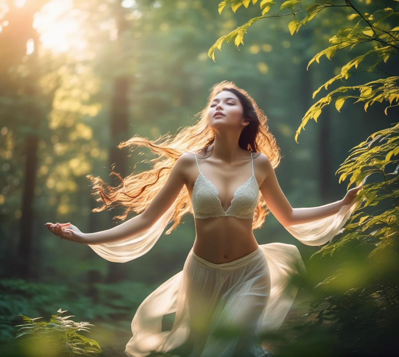 cinematic photo photo realistic full body erotic photo of (gorgeous young woman:1.125) wearing see-through negligee, innocent Asian woman (playful expression:0.9) with hands raised artistically, (natural skin texture, wet moist skin, pokies:1.275), forest nymphs in background, early morning soft lighting, virgin misty jungle milky mist, undressed bottomless girl, (hidden pathways, intricate fantastic flowers, (intricate realistic flame:1.125):1.15), (light leaks, light flares and caustics, subsurface light scattering, (swirly bokeh:1.125), depth of field, (analog film grain:1.125):0.93) <lora:cinero-locon-xl.safetensors-000006:0.176> . 35mm photograph, film, bokeh, professional, 4k, highly detailed