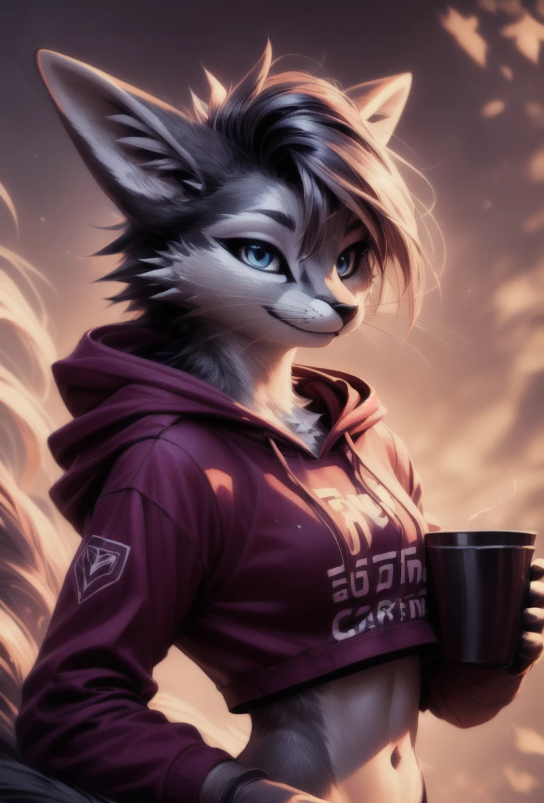 good lights, good colors, good composition, monocolor, bicolor,
masterpiece, aestheticcartoon,
bestart, cartoon,
good face, long hairs, furry, gorgeous eyes, portrait,
(rexouium:1.1),
female, cropped hoodie, croptop,
3/4 view, three-quarter view,
dynamic scene,
sexy pose,
drinking coffee,
<lora:vrcfurry_v42:0.8>
<lora:fluffyrock-quality-tags-v2.1.1-vpred:1>  <lora:add_detail:0.6>