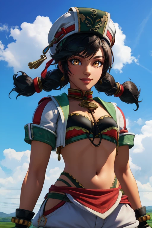 talim, black hair, braid twintails, brown eyes,
white hat, midriff, green top, white shorts, thigh cutout, cropped jacket, jewelry,
small town, plains, wind,
upper body, standing, smile,
(insanely detailed, beautiful detailed face,beautiful detailed eyes, masterpiece, best quality) cinematic lighting,
<lora:talim:0.7>