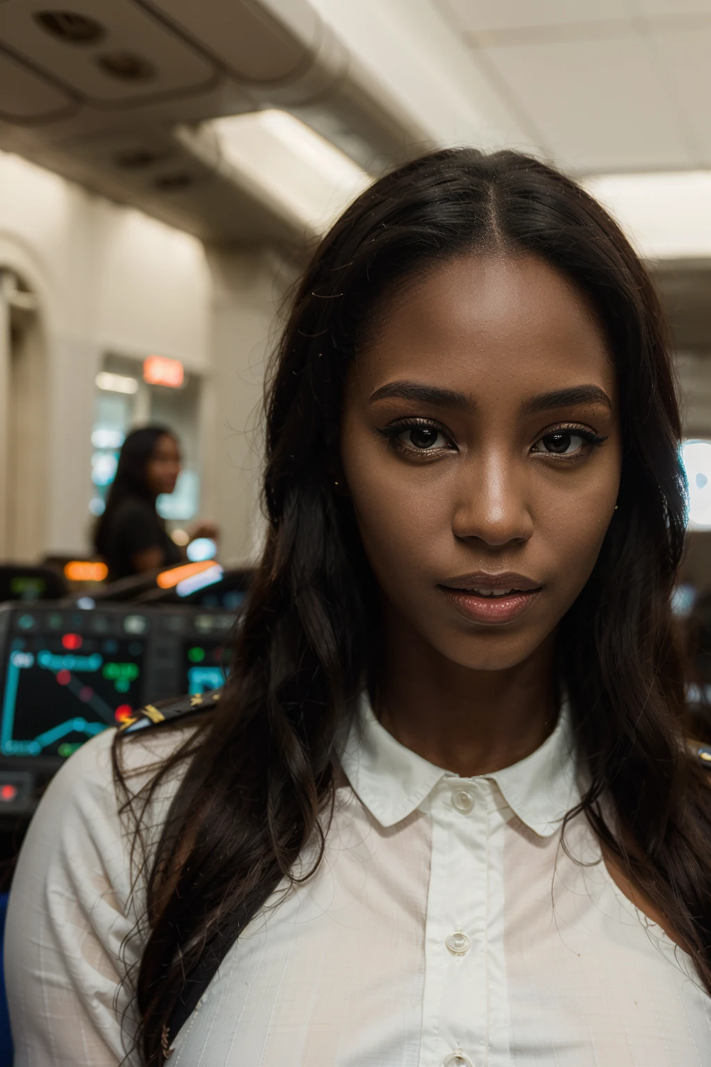 masterpiece, HDR, 4K, 8K, masterpiece, best quality, 1girl, ellietheempress, masterpiece, best quality, 1 mature woman , as a pilot in a cockpit, photography, trending on artstation, sharp focus, studio photo, intricate details, highly detailed, brown eyes, black hair, detailed face+black eyes, dark skinned female, very dark skin:1.3, closed mouth, looking at viewer, long hair, background: (airplane cockpit), solo, upper body, <lora:Ellie-The-Empress-V5-768X768:1>