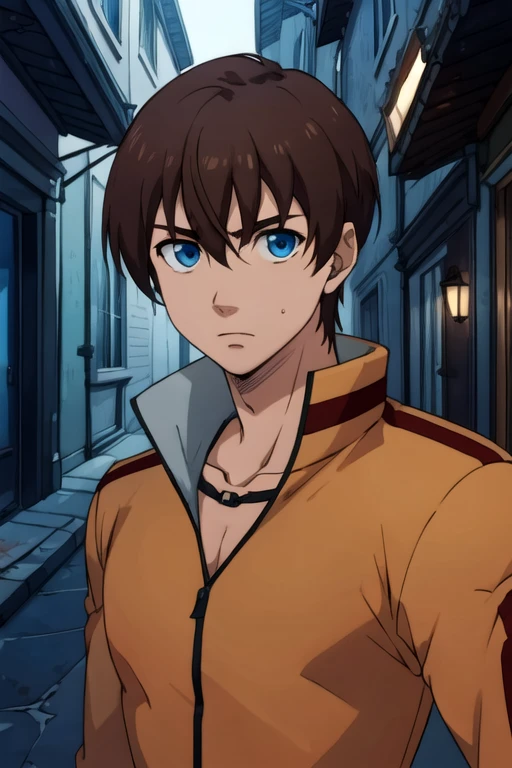 masterpiece, best quality, movie still, 1boy, solo, male focus, looking at viewer, upper body, depth of field, , , <lora:kensuke_hanasaki:0.72>, kensuke_hanasaki, brown hair, blue eyes, zombie hunter costume, village,
