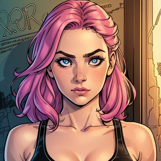 pencil and ink illustration, a pretty woman, focus on upper body, cropped tank top, pretty face, comic style, cartoon, ink shading, extreme sharp, extreme detail, HD, HDR, 8K, masterpiece, best quality, best resolution, detailed face, detailed eyes, focused