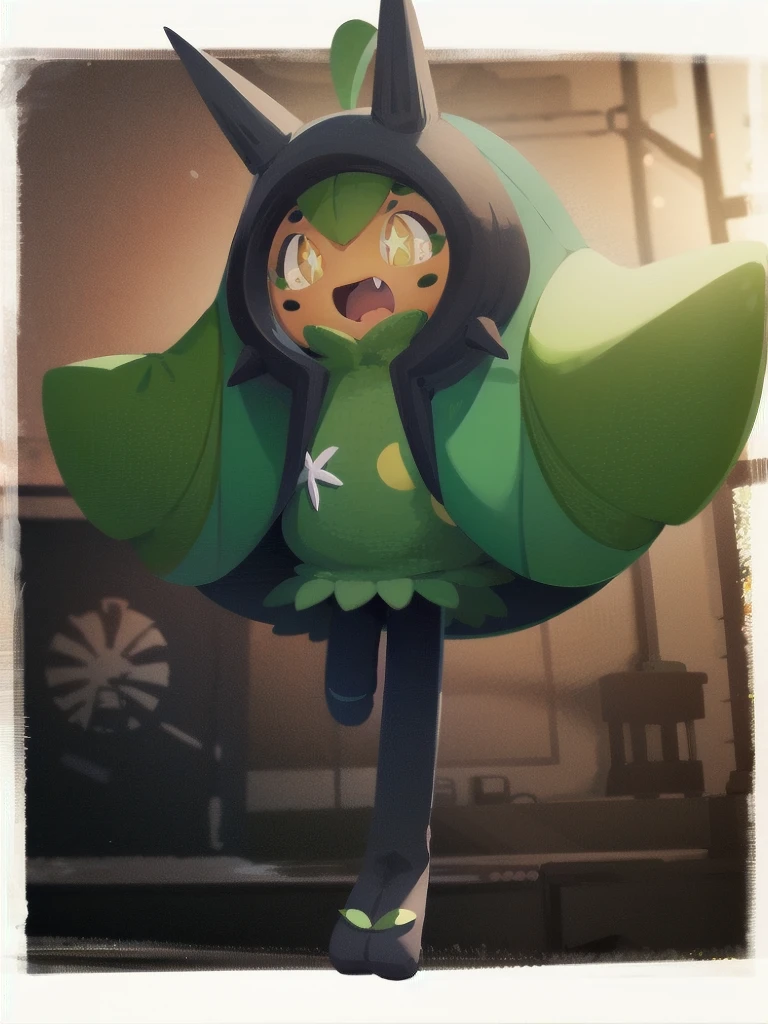 (masterpiece:1.2), (best quality:1.2), 1girl, solo, (full body), looking at viewer, happy, open mouth, BREAK
<lora:Ogerpon-15:1> ogerpon, pokemon \(creature\), black pantyhose, hood, green dress, yellow eyes, fangs, +_+, <lora:orenji:0.8> orenji,