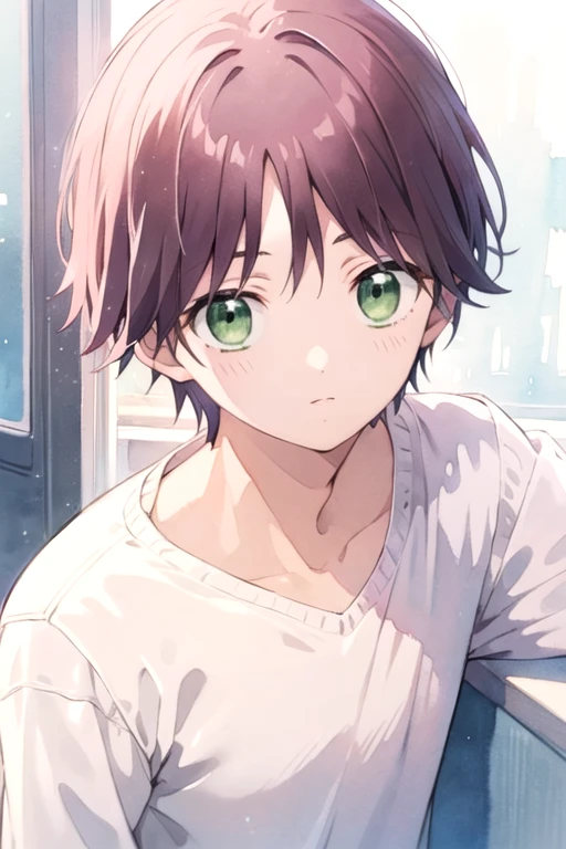 masterpiece, best quality, illustration, 1boy, solo, male focus, looking at viewer, , , (watercolor illustration, soft pastel colors:1.1), , <lora:tasuku_yamane:0.68>, tasuku_yamane, brown hair, green eyes, , ,