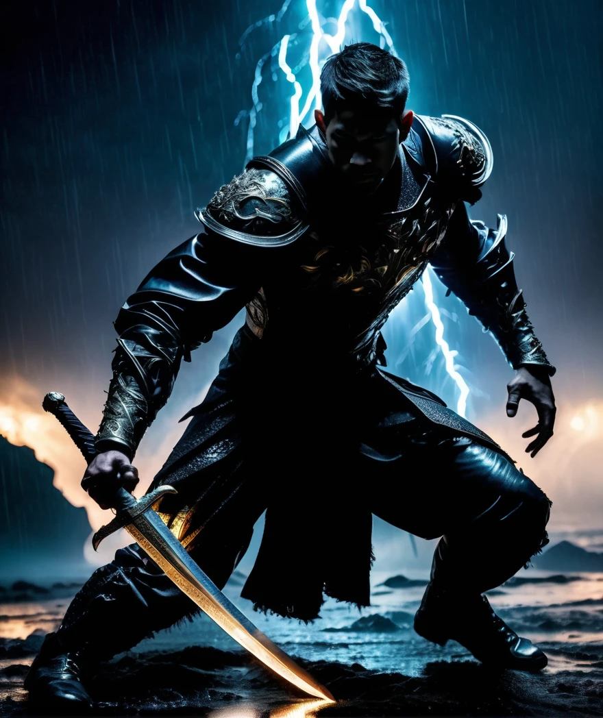 photorealistic, realistic, rain, (upper body, action, dynamic pose, fighting stance:1.8), holding sword, determined, 1boy, mature male, ornate armor, horror \(theme\), supermodel, warrior, fantasy, magical energy, (Masterpiece, Best Quality, High Quality, Highres:1.4), Detailed, Extremely Detailed, Ambient Soft Lighting, 4K, aurora borealis, dim lighting, silhouette