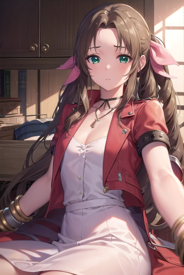 aerithgainsborough, <lora:aerithgainsborough-lora-nochekaiser:1>,
aerith gainsborough, braid, braided ponytail, (green eyes:1.5), hair ribbon, long hair, parted bangs, brown hair, sidelocks, (small breasts:1.2),
BREAK bangle, bracelet, choker, cropped jacket, dress, jacket, jewelry, long dress, pink dress, pink ribbon, puffy short sleeves, puffy sleeves, red jacket, ribbon, short sleeves,
BREAK looking at viewer, upper body, fully body,
BREAK indoors,
BREAK <lyco:GoodHands-beta2:1>, (masterpiece:1.2), best quality, high resolution, unity 8k wallpaper, (illustration:0.8), (beautiful detailed eyes:1.6), extremely detailed face, perfect lighting, extremely detailed CG, (perfect hands, perfect anatomy),
