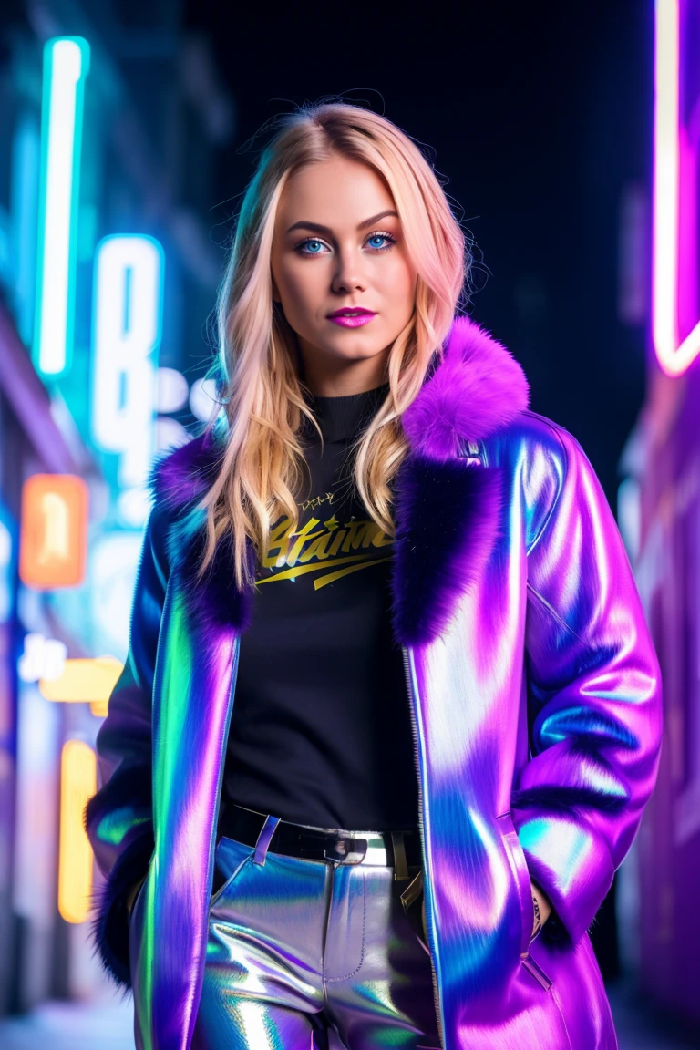 A stunning intricate full color portrait of a blonde woman, wearing Faux fur-lined coat with vinyl pants and combat bootsNeon-lit alley with holographic graffiti, blue hour, having fun, epic character composition, sharp focus, cyberpunk 2077 screenshot, subsurface scattering, f2, 35mm, film grain, half body shot <lora:NancyAce:1>