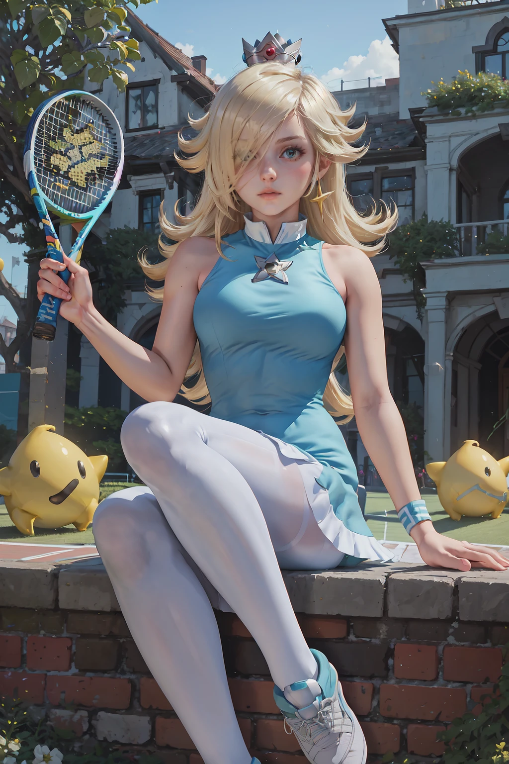Highly detailed, High Quality, Masterpiece, beautiful, 1girl, IncrsRosalinaTennis, tennis uniform, long hair, <lora:Rosalina:0.8>, tennis, tennis ball, net, white pantyhose, sitting,