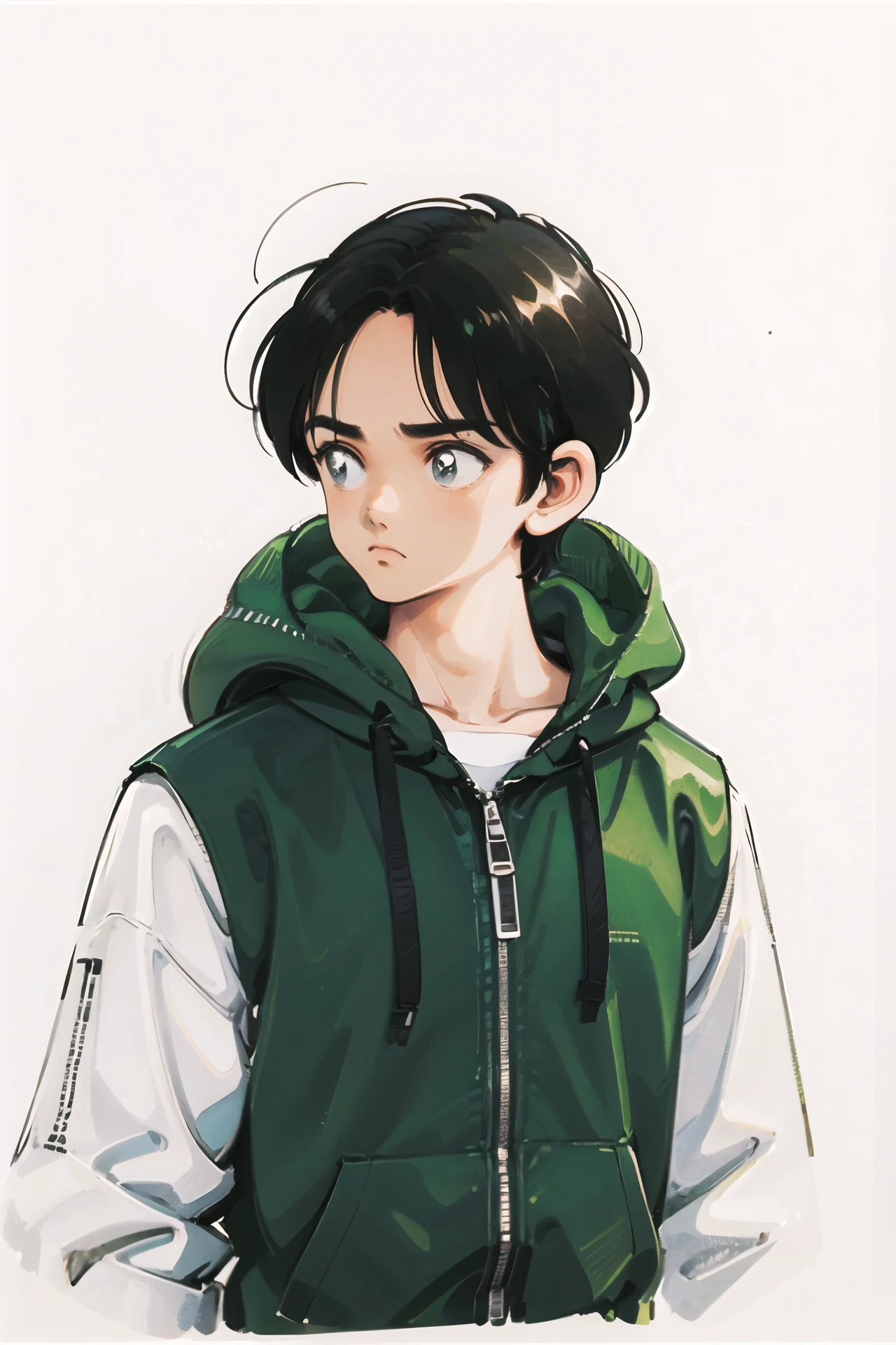 male focus, solo, 1boy, black hair, hood, upper body, simple background, white background, hood down, hoodie, black eyes, closed mouth, looking away, looking to the side, zipper, green jacket, jacket, shirt, white shirt, hooded jacket, frown, retro artstyle, green hoodie, <lora:Adachi_v2.1:0.8>,