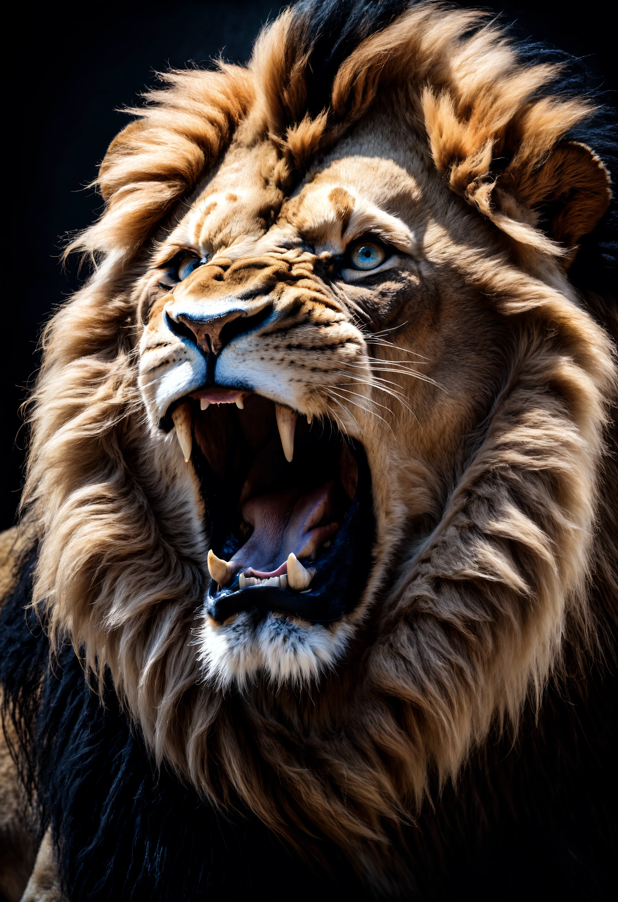 hyperrealistic glamour shot of a roaring lion in chiaroscuro style, macro, extreme details, looking at viewer,