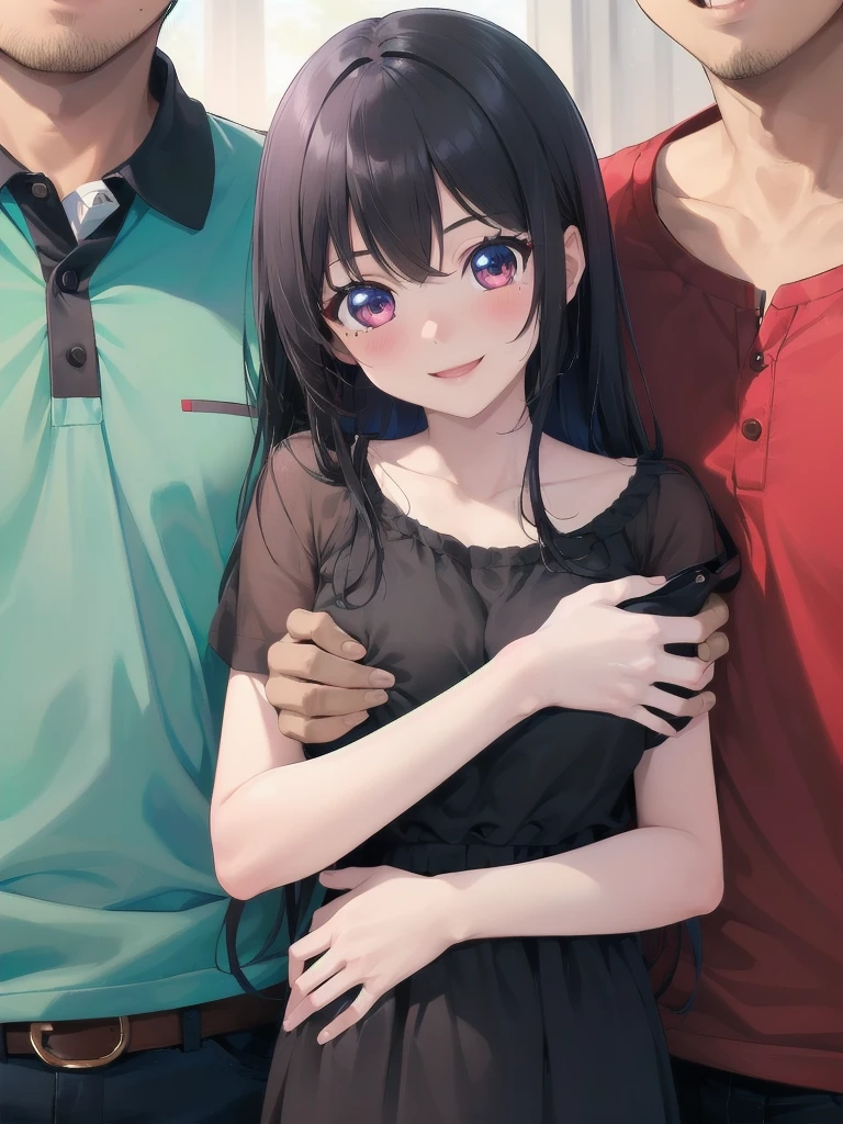 1girl, 1boy, cheerful,smile, nsfw, hug,grabbing, group picture,facing viewer, leaning on person, mmf threesome, leaning back, livestream, netorare,
fake screenshot, fake video, video call,
solo focus,boy sandwich, closely,
<lora:closely_threesome(mmf)_v1.0:1>