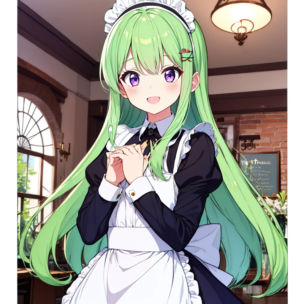 <lora:ennafol_v1-1:.6>,best_quality,masterpiece,purple_eyes,(very_long_hair),bangs,maid,maid headdress, maid_apron,smile,blush,:D,skirt,indoors,cafe,flat chest, long sleeves, frills,own hands together, ennafol,green_hair,petite,