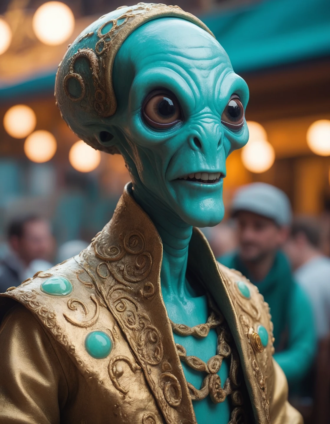 Ektachrome, Romantic, Realism, flat lighting, gilded technique, DOF, bokeh , A THICC cyan (skinned tentacled alien being wearing traditional clothing:1.3) on vacation enjoying the local party scene at noon in Under the sea in the deep hidden city of Atlantis, extremely content happy smile