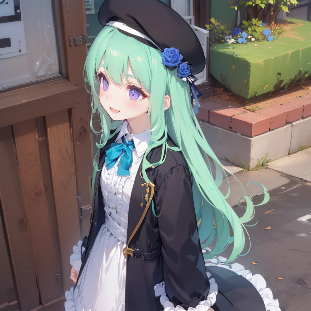 <lora:ennafol_v1-1:.8>,best_quality,masterpiece,purple_eyes,very_long_hair,blue_rose,coat,,dress_shirt,black_jacket,frills,collared_shirt,forest,outdoors,beret,black_headwear,blue bowtie, long_sleeves,collared,smile,:D,open_mouth,((open_clothes)),(center_frills),frilled dress, (from_above),arms behind back,baret,ennafol,black_jacket,coat, open jacket,generaloutfit,white dress, flat chest,from_side,looking away,