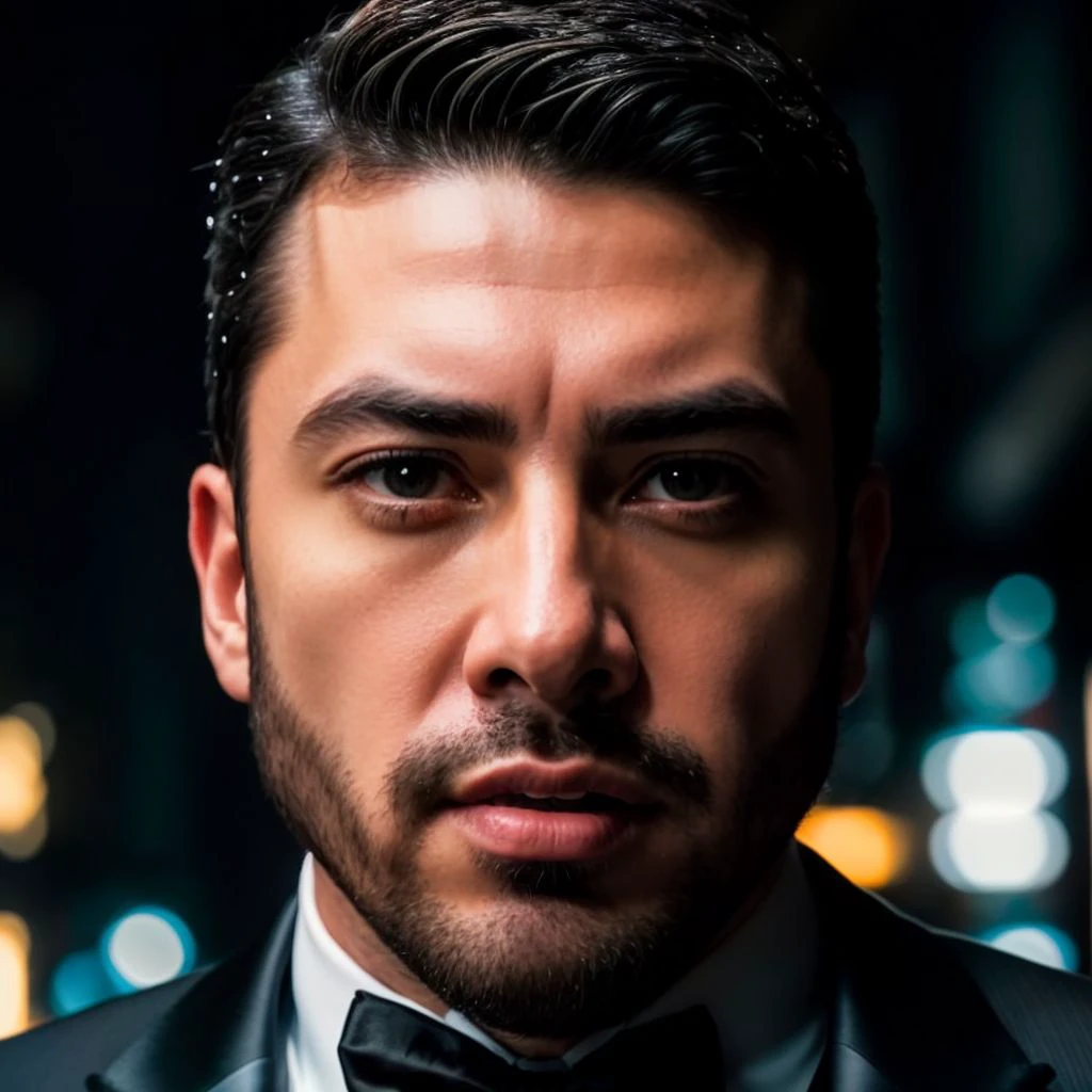 face portrait of juancarbo person using a tuxedo, in blade runner, professional photography, high resolution, 4k, detailed photo, <lora:juancarbo_31950:1>
