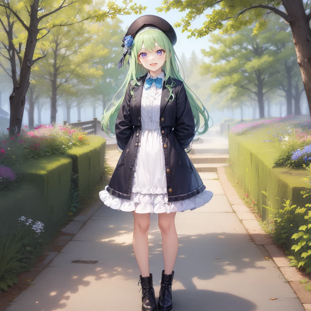 <lora:ennafol_v1-1:.8>,best_quality,masterpiece,purple_eyes,very_long_hair,blue_rose,coat,dress_shirt,black_jacket,frills,collared_shirt,forest,outdoors,beret,black_headwear,blue bowtie, long_sleeves,collared,smile,:D,open_mouth,((open_clothes)),(center_frills),frilled dress,arms behind back,beret,ennafol,black_jacket,coat, open jacket,generaloutfit,white dress, flat chest,looking at viewer, full body, standing,flowers,garden,forest,trees,blue_sky,green hair, roses