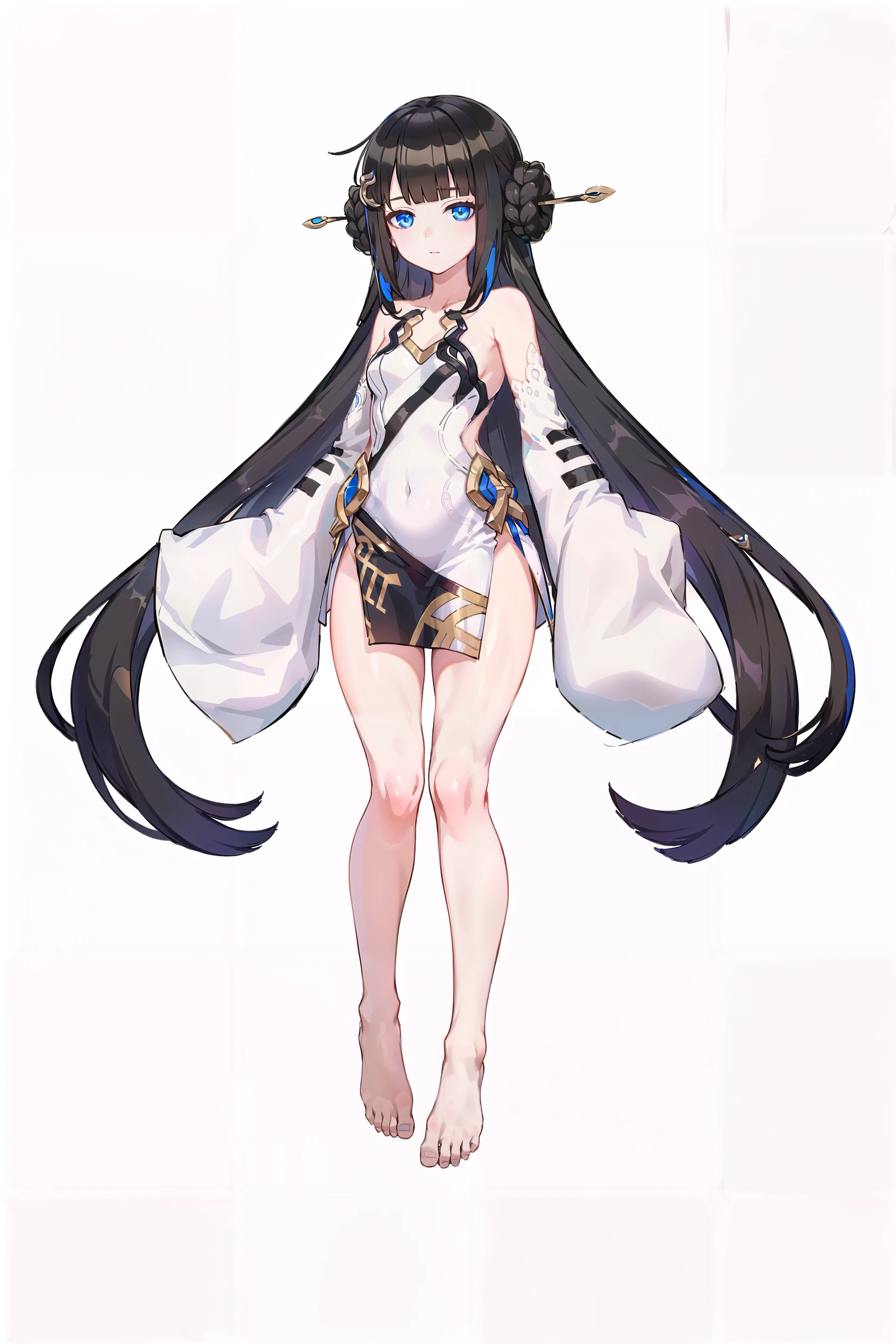 8k, best quality, masterpiece, (ultra-detailed:1.1), (high detailed skin), 
(full body:1.2), white background, standing, looking at viewer, 
<lora:cangxuan_danzhu-v100-000014:0.8>, blue eyes, ( cangxuan, white clothes, white dress:1.1), sleeves past wrists, long hair, barefoot, sleeves past fingers, very long hair, hair ornament, bangs, bare shoulders, hair bun, braid, 
(white background, simple background,:1.2), 
(beautiful_face), ((intricate_detail)), clear face, 
((finely_detailed)), fine_fabric_emphasis, 
((glossy)), full_shot,