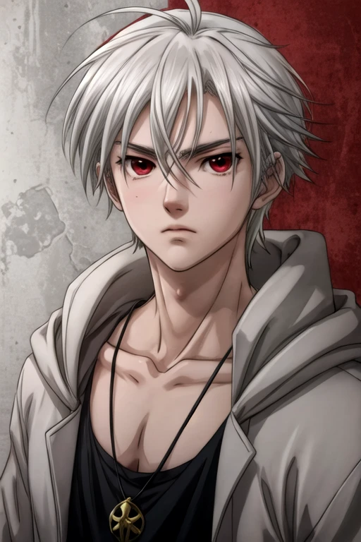 masterpiece, best quality, wallpaper, 1boy, solo, male focus, looking at viewer, upper body, , anime coloring, , <lora:yoshio_kobayashi:0.66>, yoshio_kobayashi, grey hair, red eyes, easter costume, feminist science fiction,