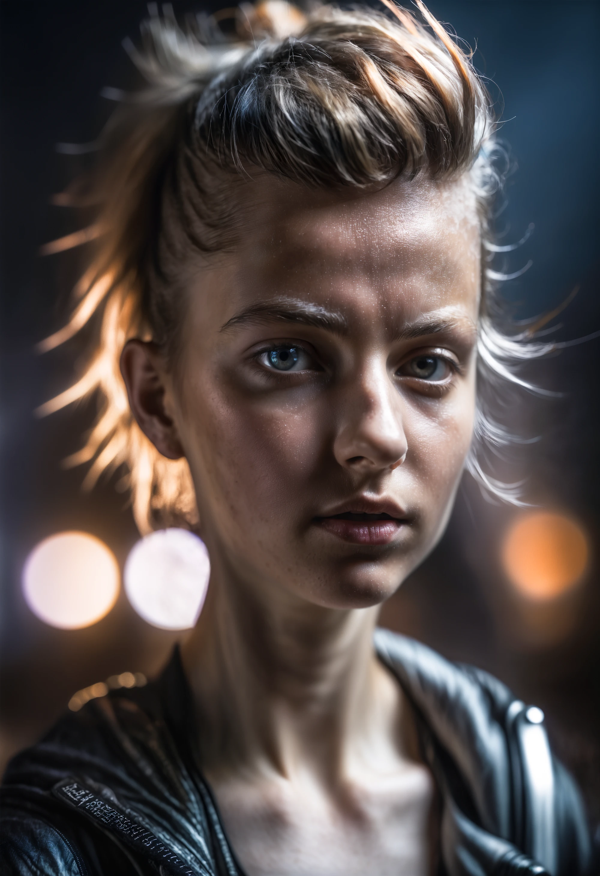 hyperrealistic amateur portrait of a young woman in cyberpunk city with rembrandt lighting on face, velus hair, macro, extreme details, chiaroscuro